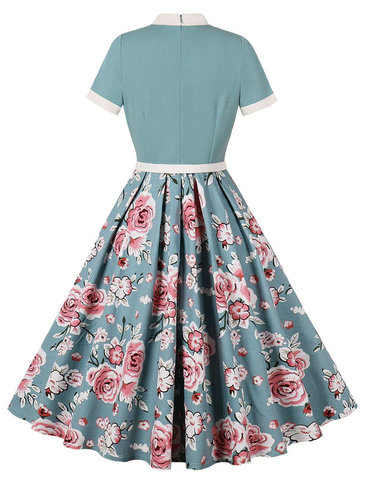 Green Rose Patchwork Tie Collar Dress