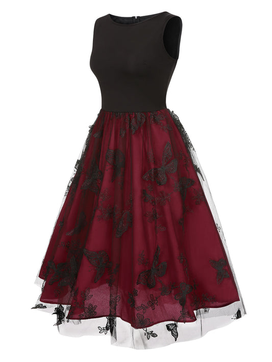 Deep Red Mesh Butterflies Sleeveless Dress