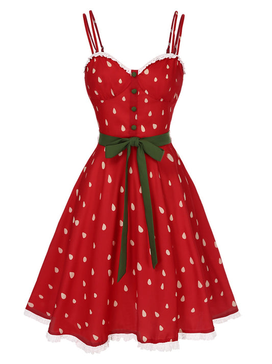 Red Strawberry Seed Double Straps Dress