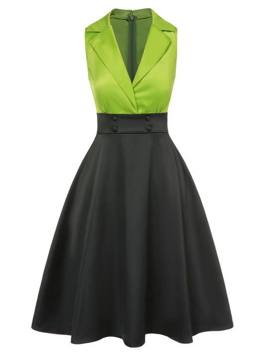 Green Satin Lapel Patchwork Dress