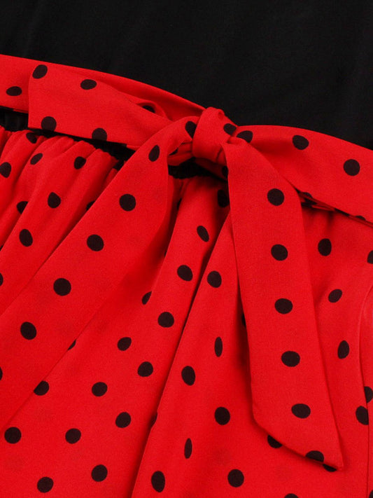 Red Polka Dot Patchwork Belt Dress