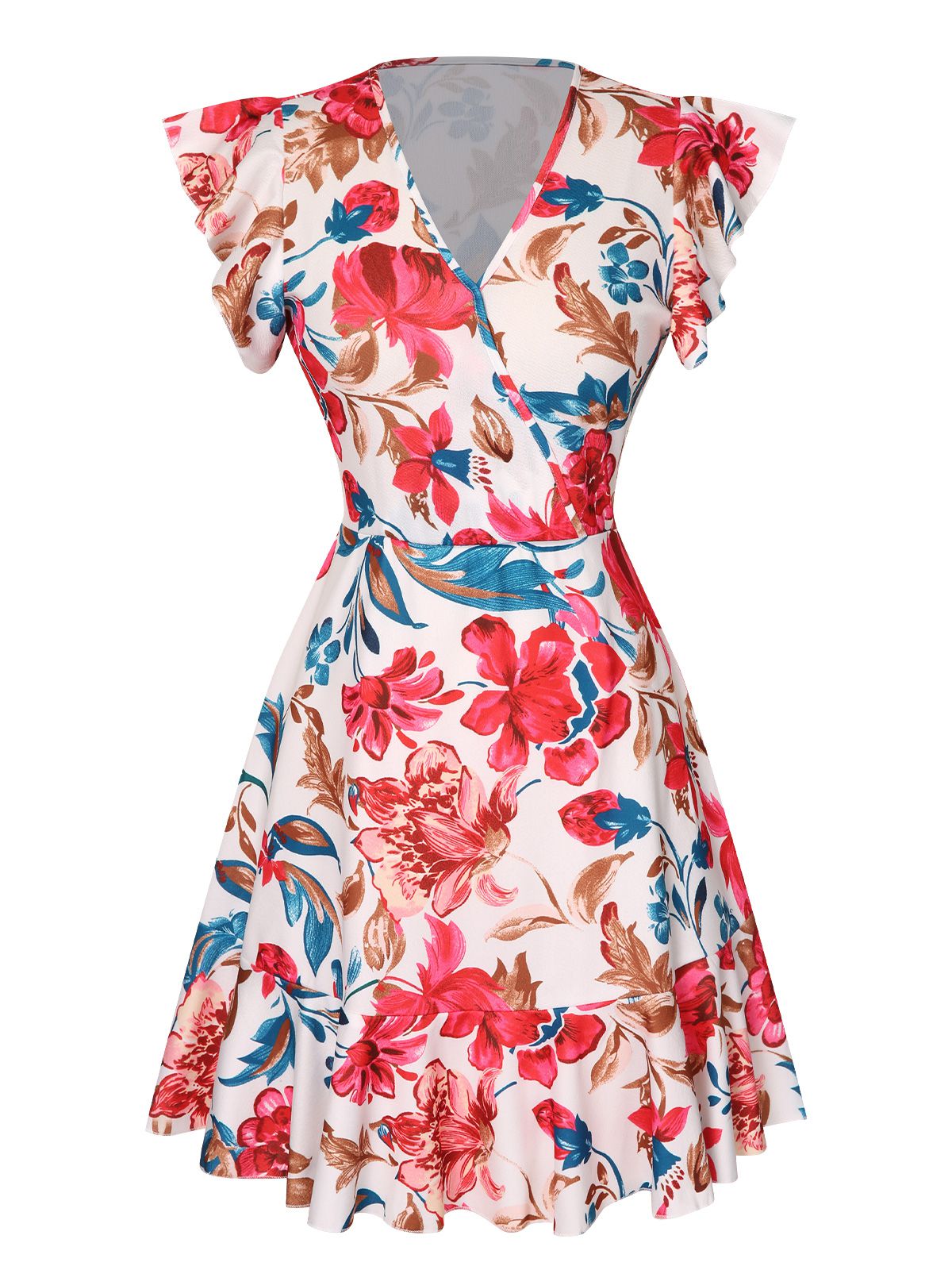 V-Neck Floral Ruffles Flying Sleeve Dress