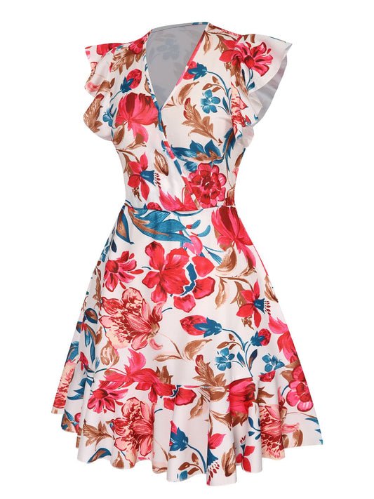 V-Neck Floral Ruffles Flying Sleeve Dress