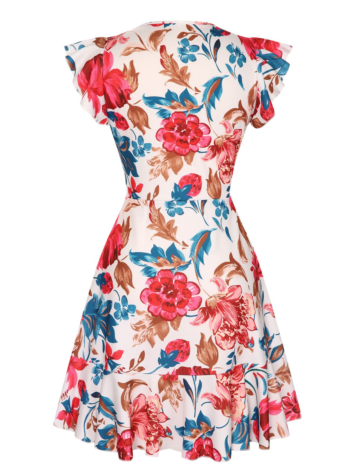 V-Neck Floral Ruffles Flying Sleeve Dress