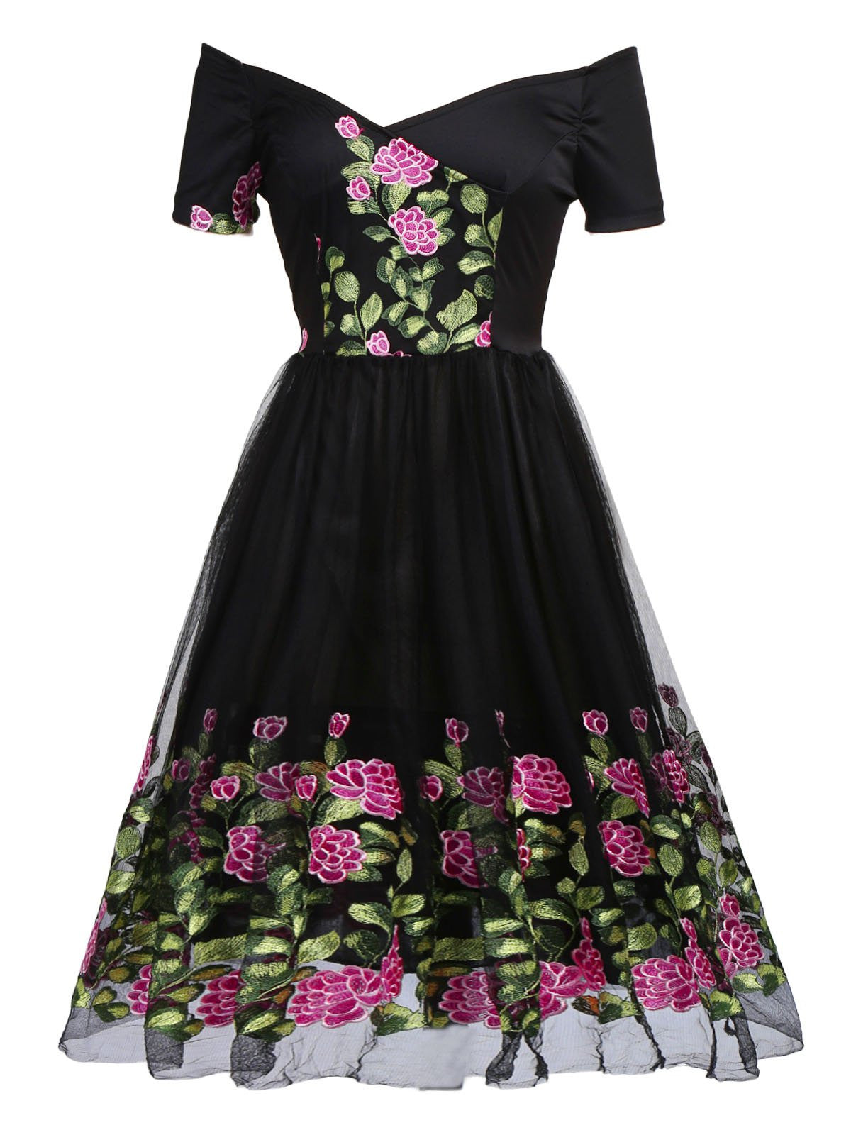 Black Peony Embroidery Dress