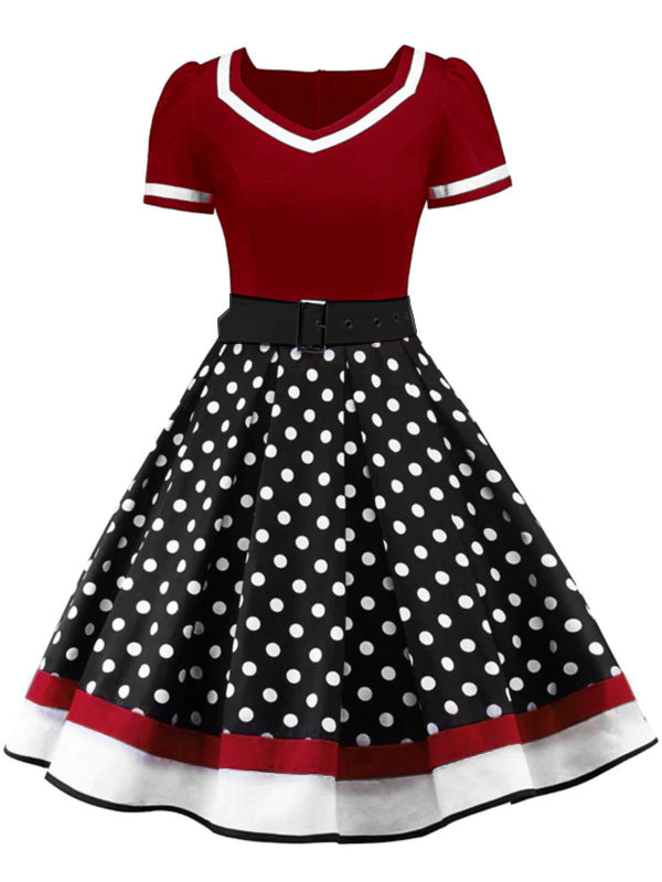 Polka Dot Belted Patchwork Dress