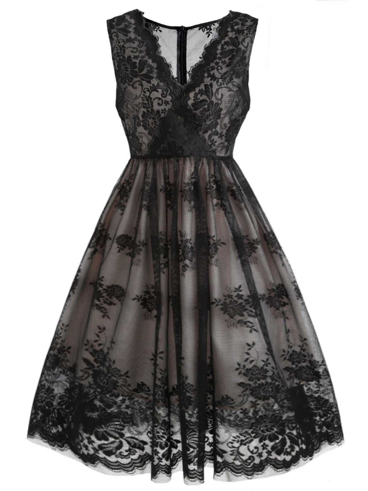 Black Lace Floral Swing Dress