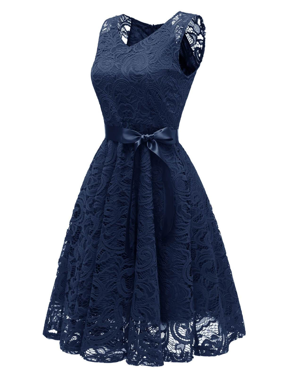 Lace V Neck Bow Dress