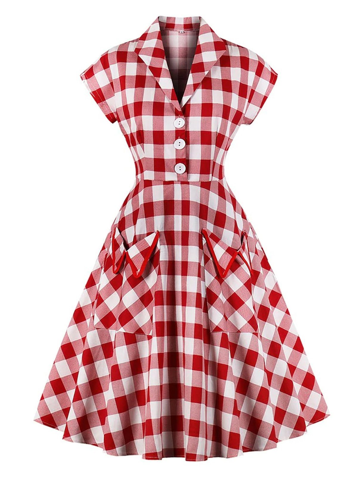 Red White Pockets Plaid Dress