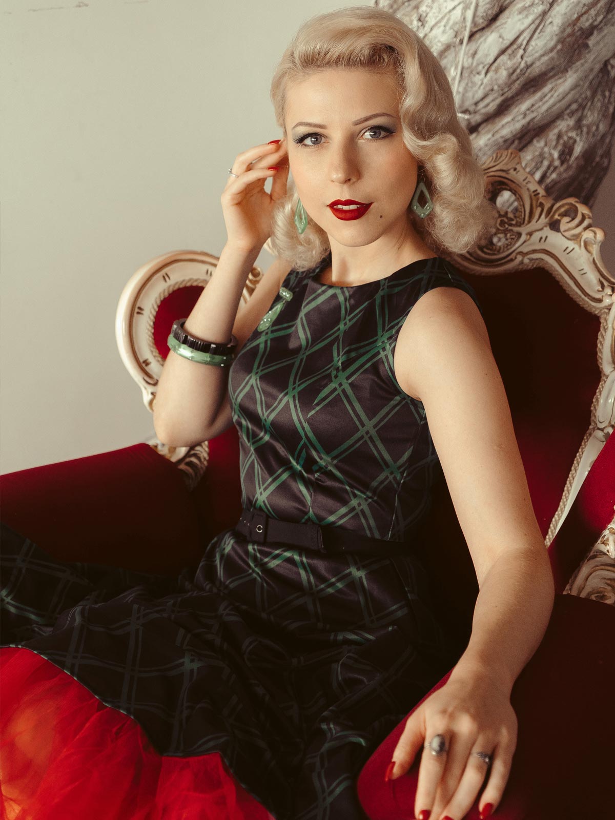 Green Plaid Belted Swing Dress