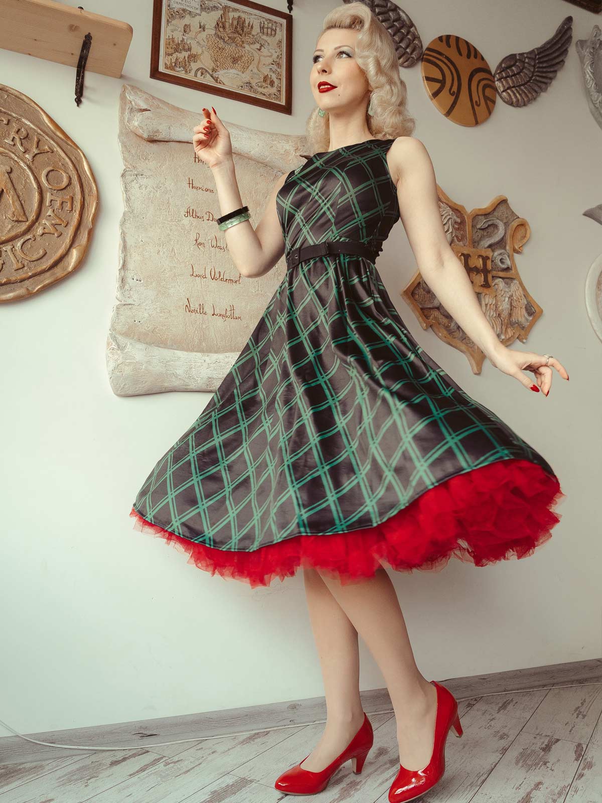 Green Plaid Belted Swing Dress