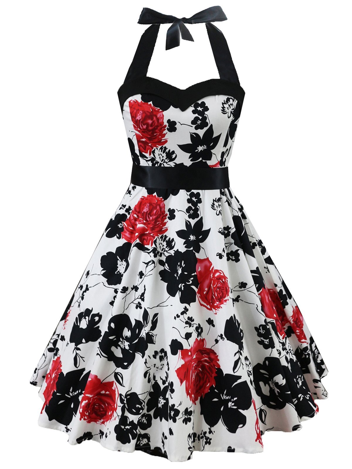 White Floral Halter Swing Dress