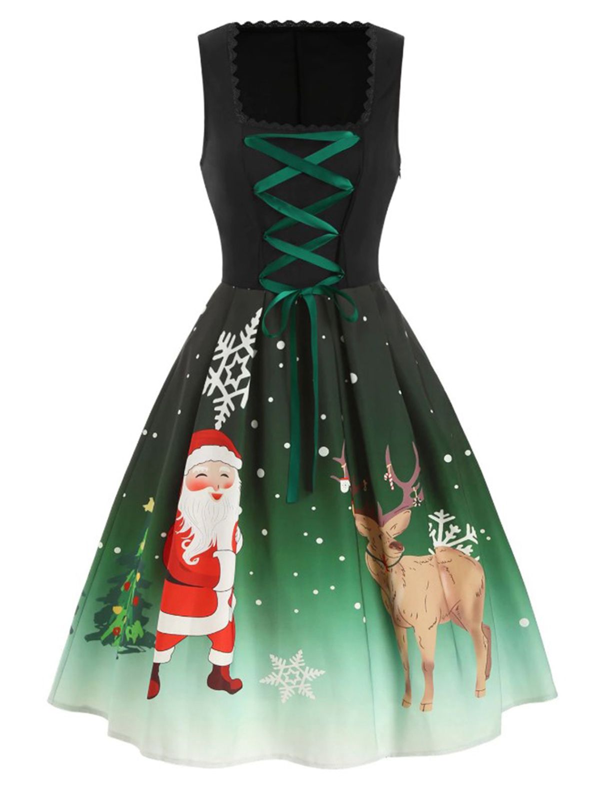 Dark Green Lace Up Christmas Dress