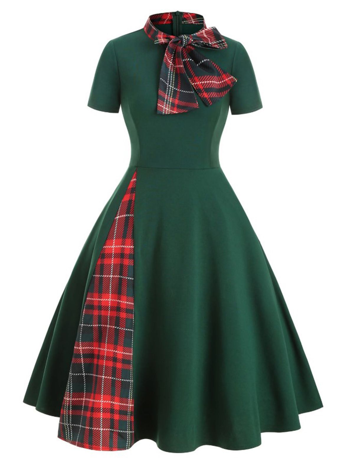 Plaid Patchwork Bow Swing Dress