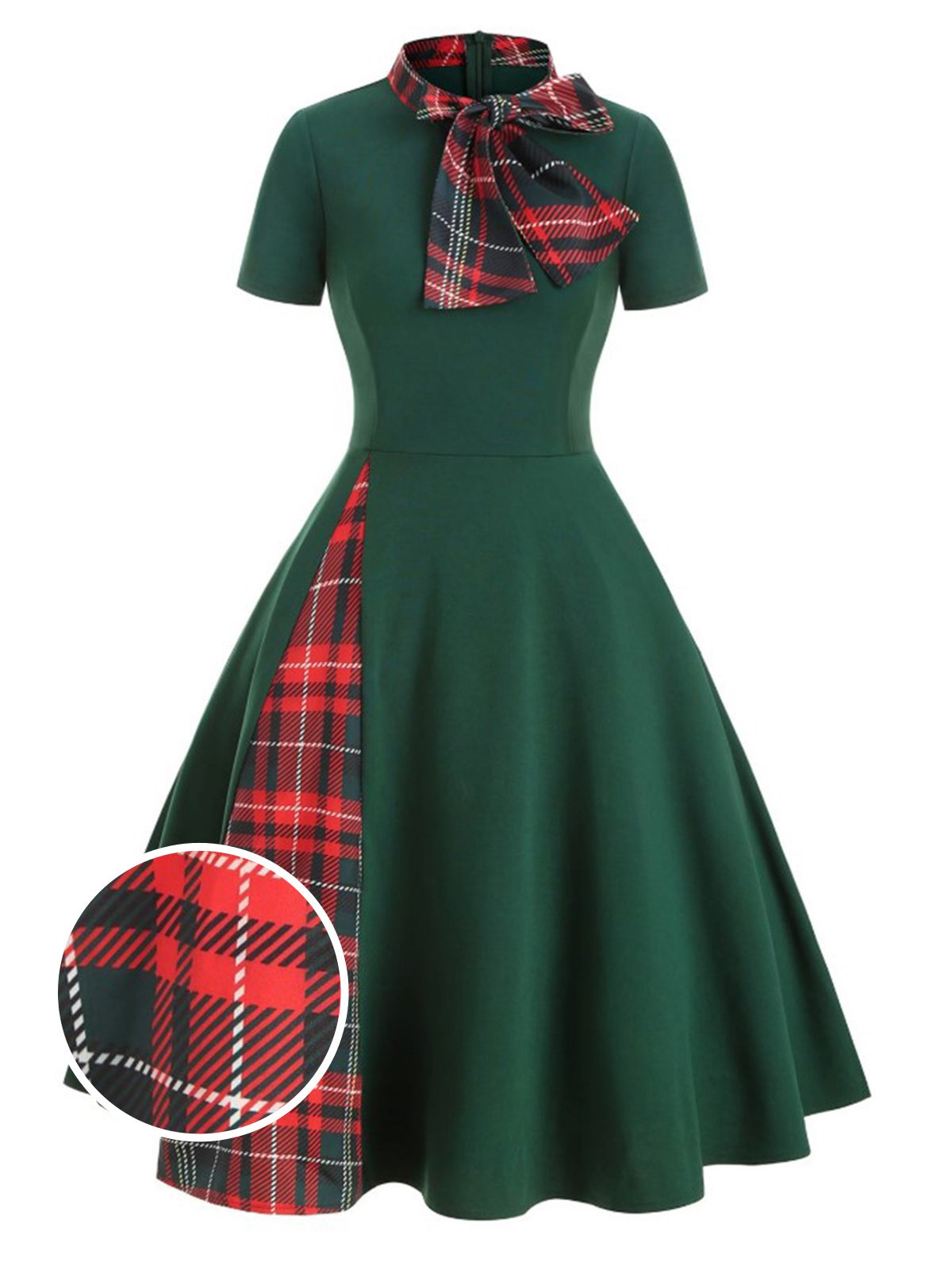 Plaid Patchwork Bow Swing Dress