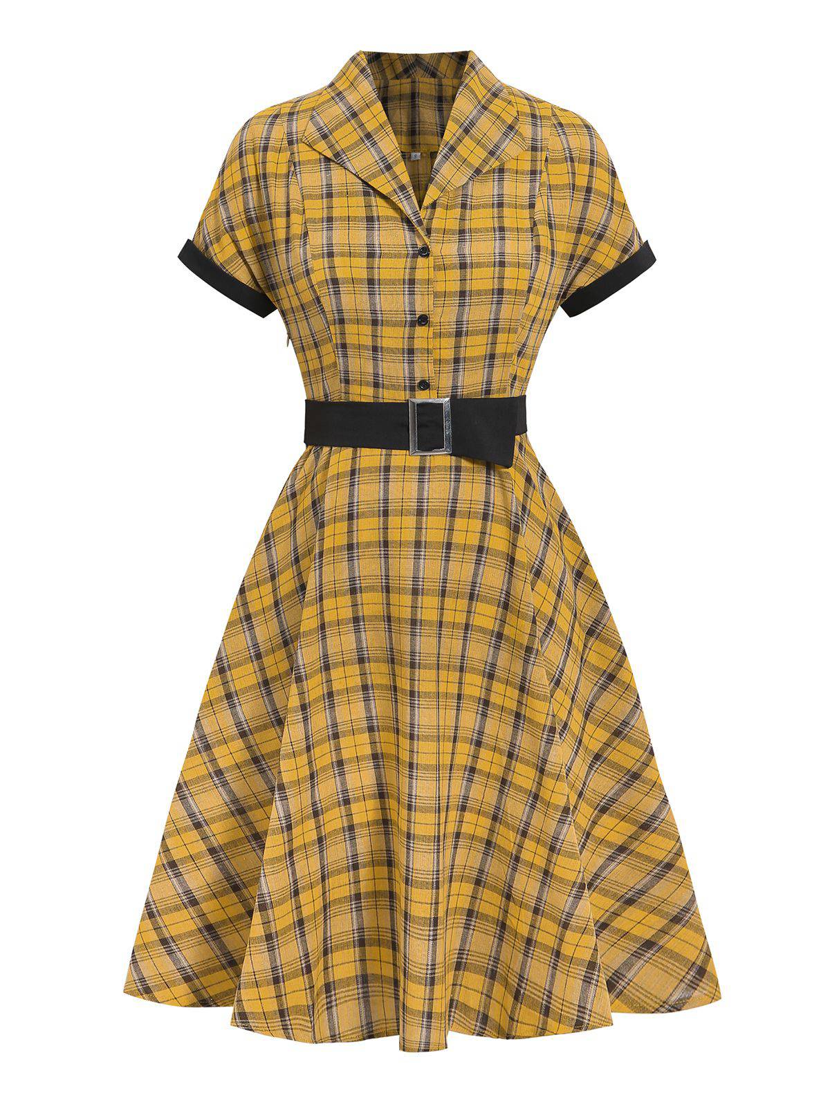 Mustard Plaid Belt Swing Dress