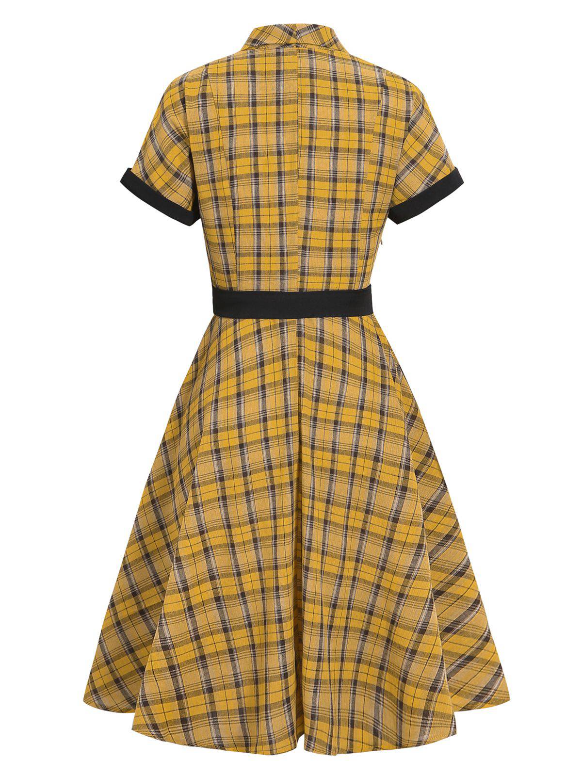 Mustard Plaid Belt Swing Dress