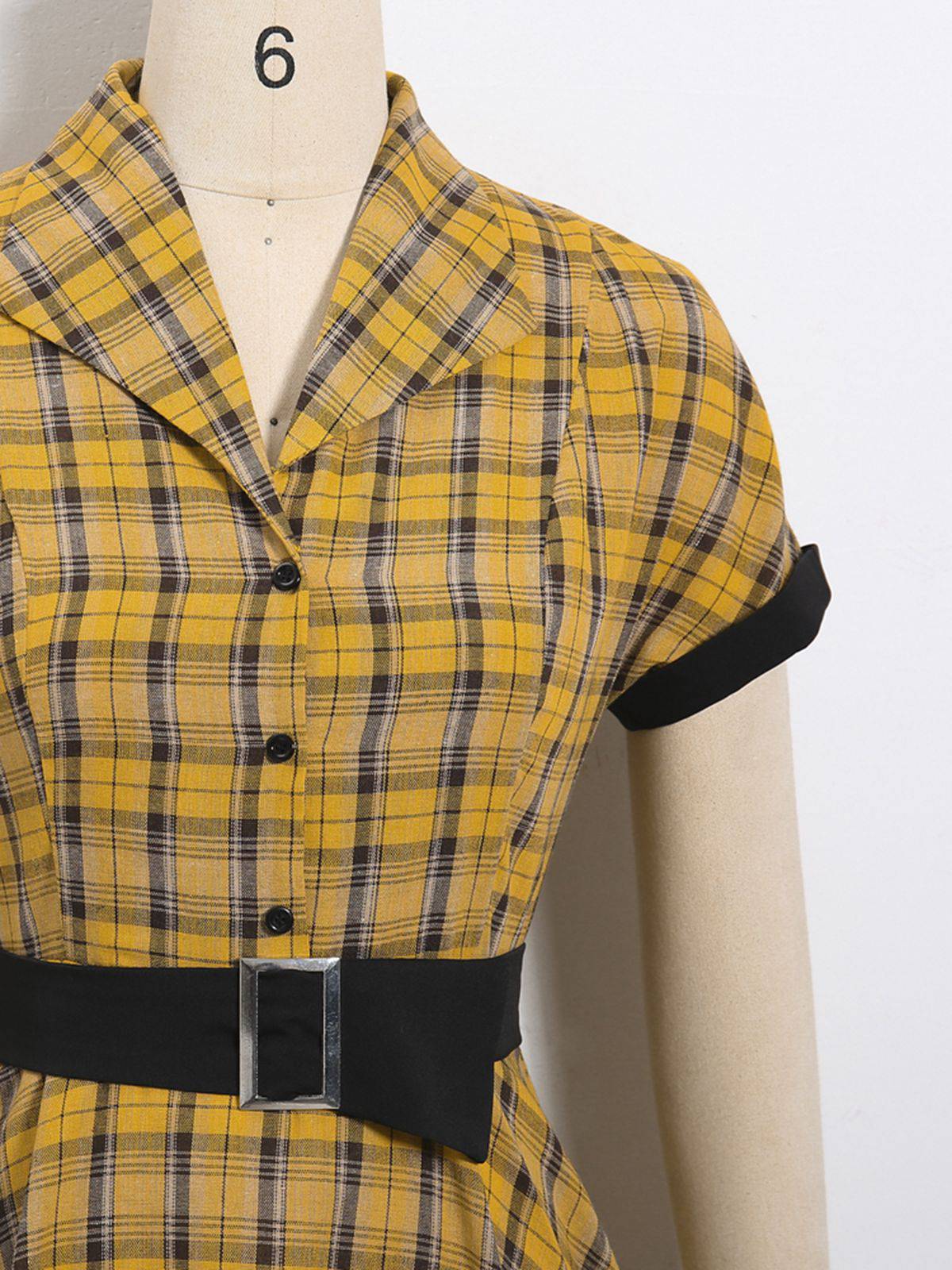 Mustard Plaid Belt Swing Dress