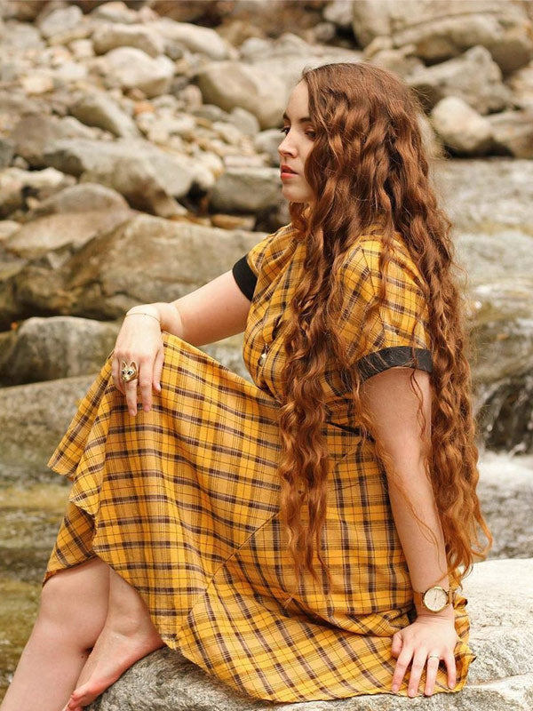 Mustard Plaid Belt Swing Dress