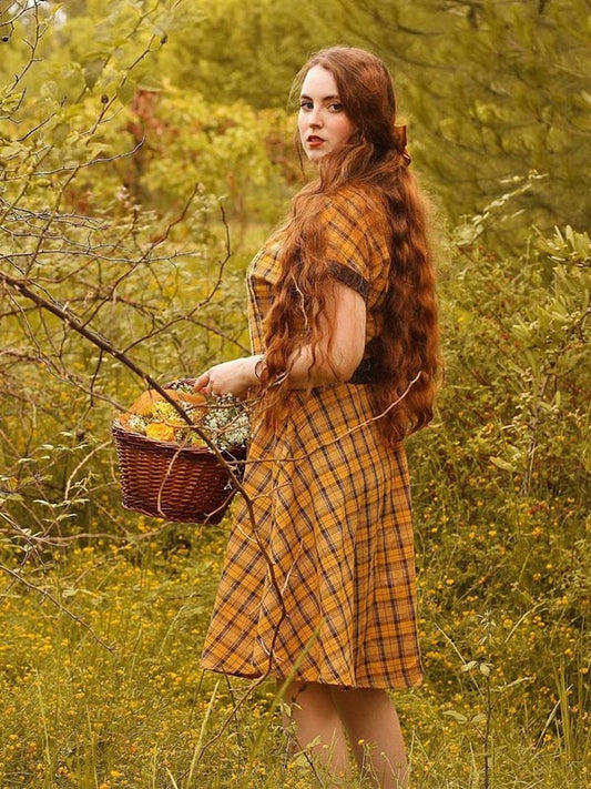 Mustard Plaid Belt Swing Dress