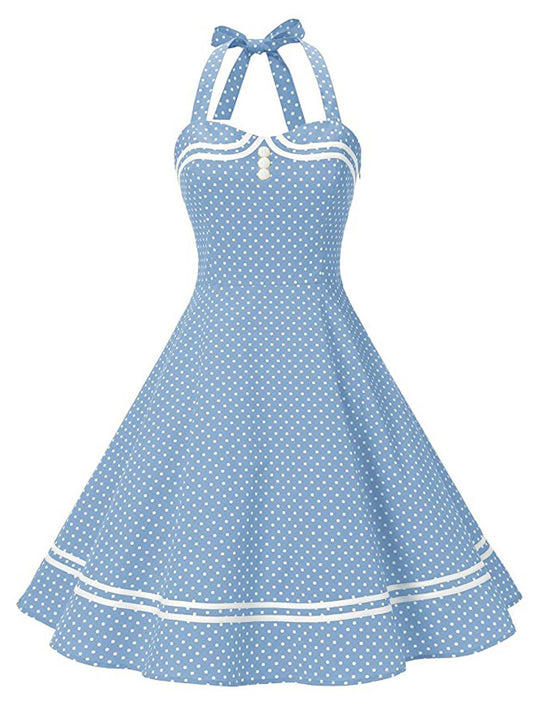 Blue Polka Dot Halter Swing Dress