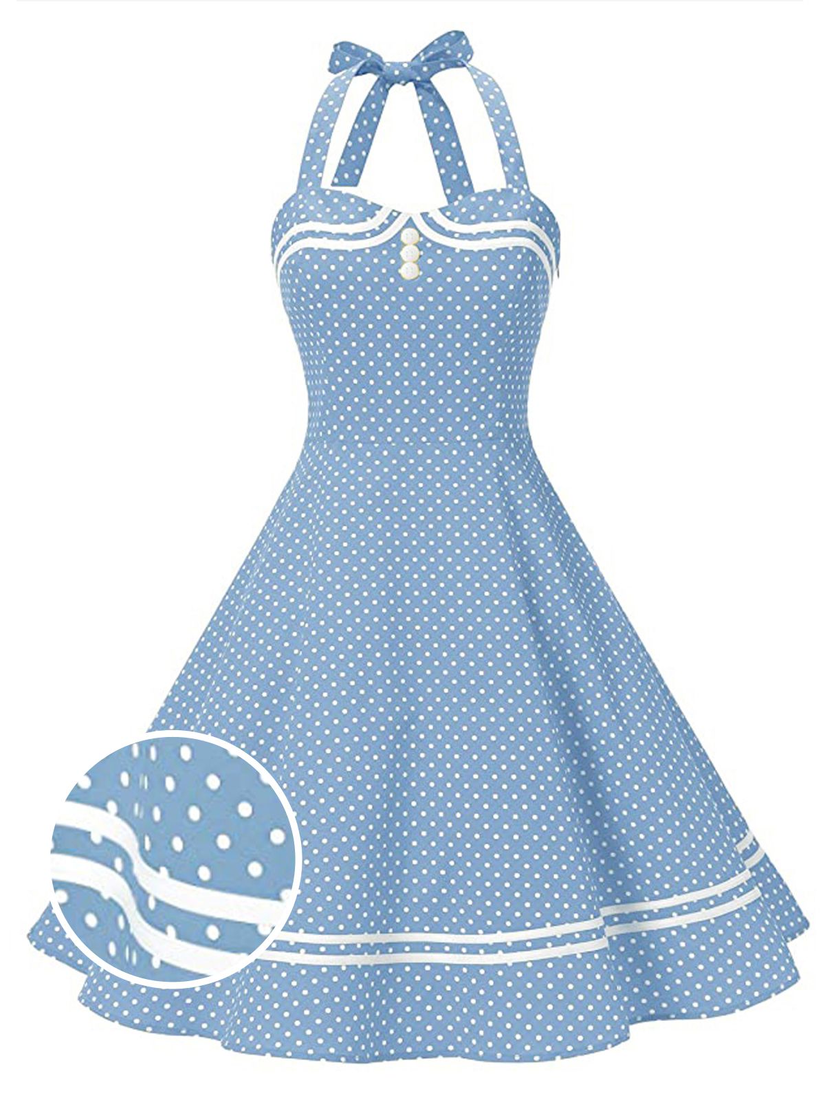 Blue Polka Dot Halter Swing Dress