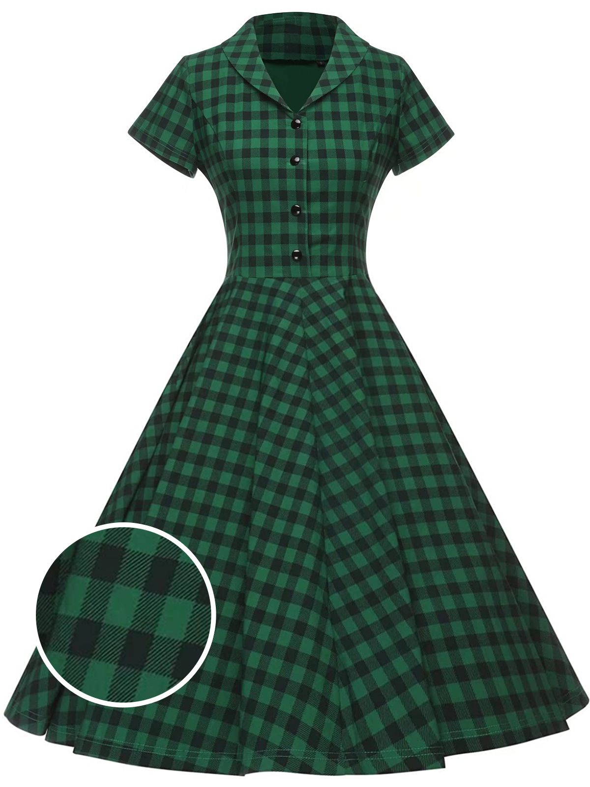 Green Plaid Button Swing Dress