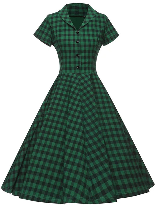 Green Plaid Button Swing Dress