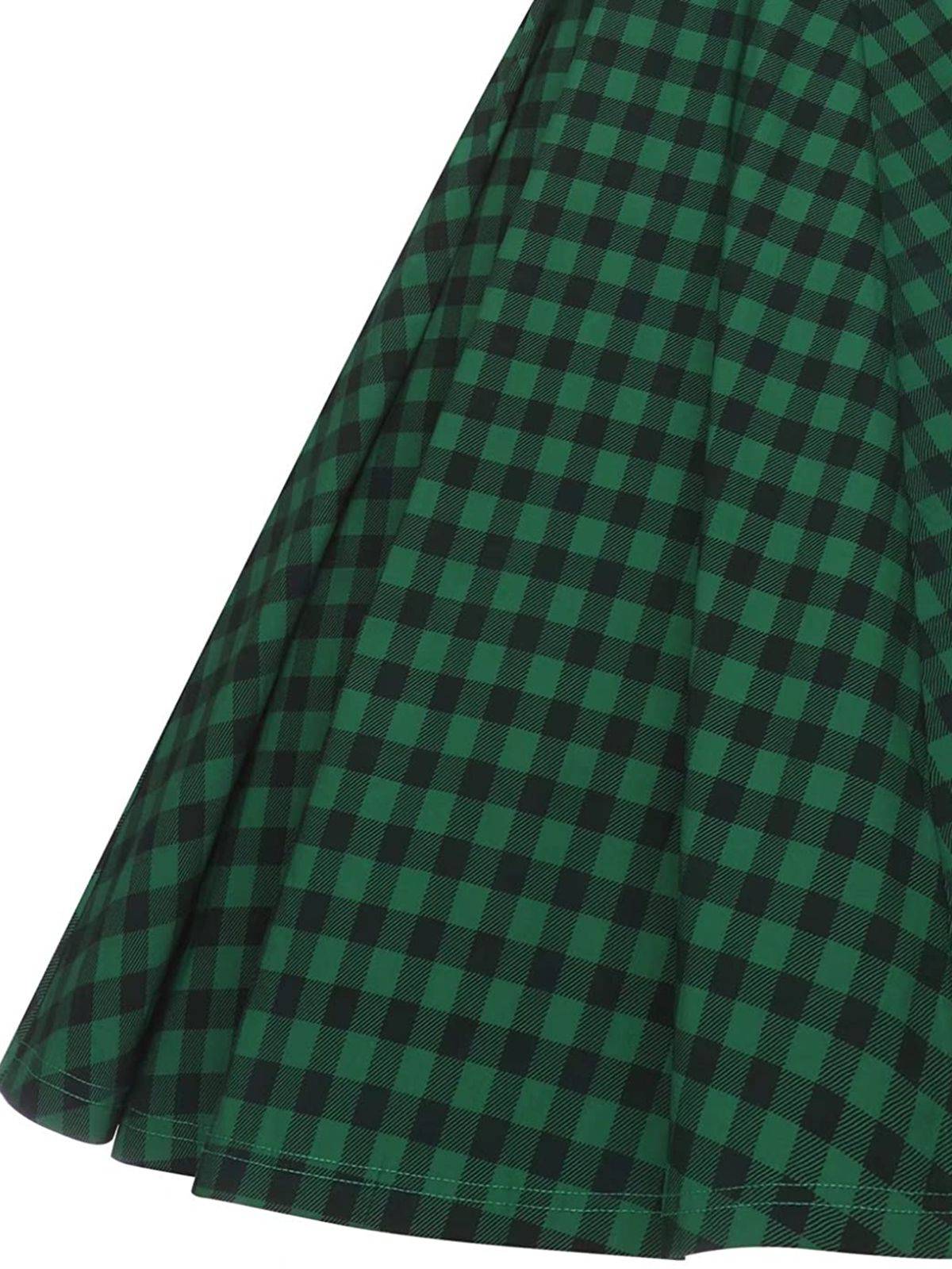 Green Plaid Button Swing Dress