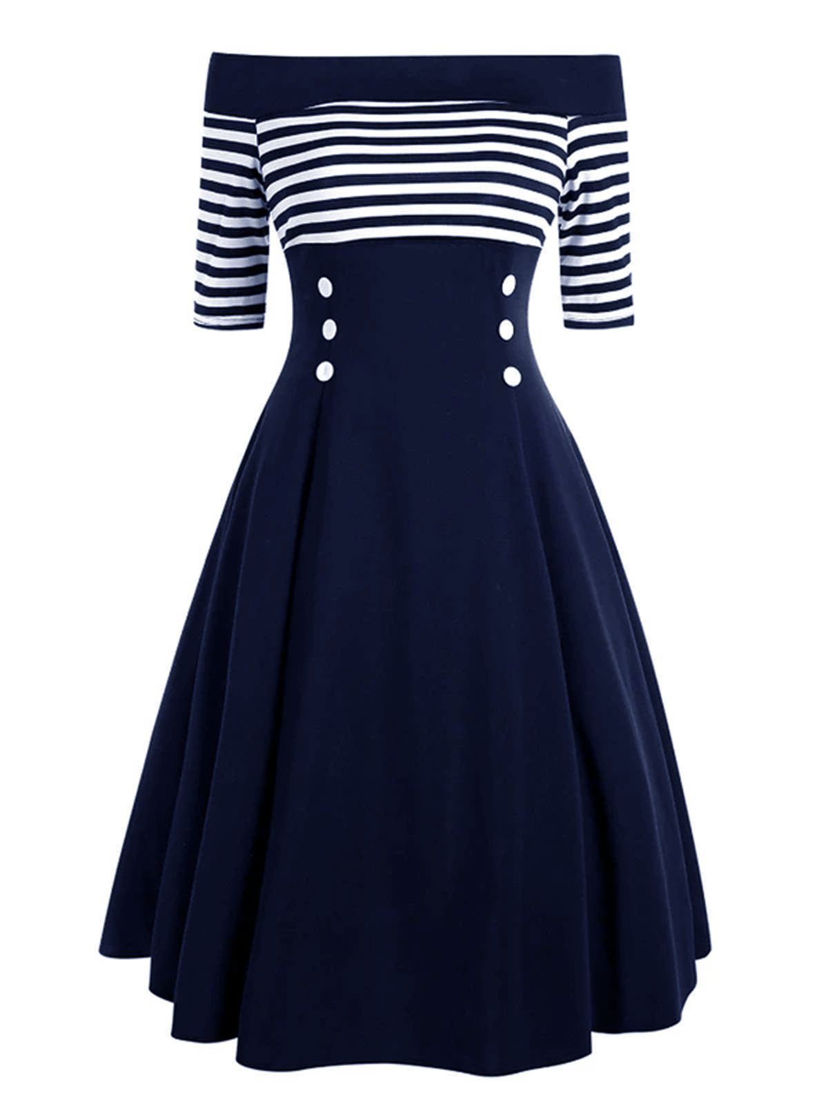 Navy Off Shoulder Swing Dress