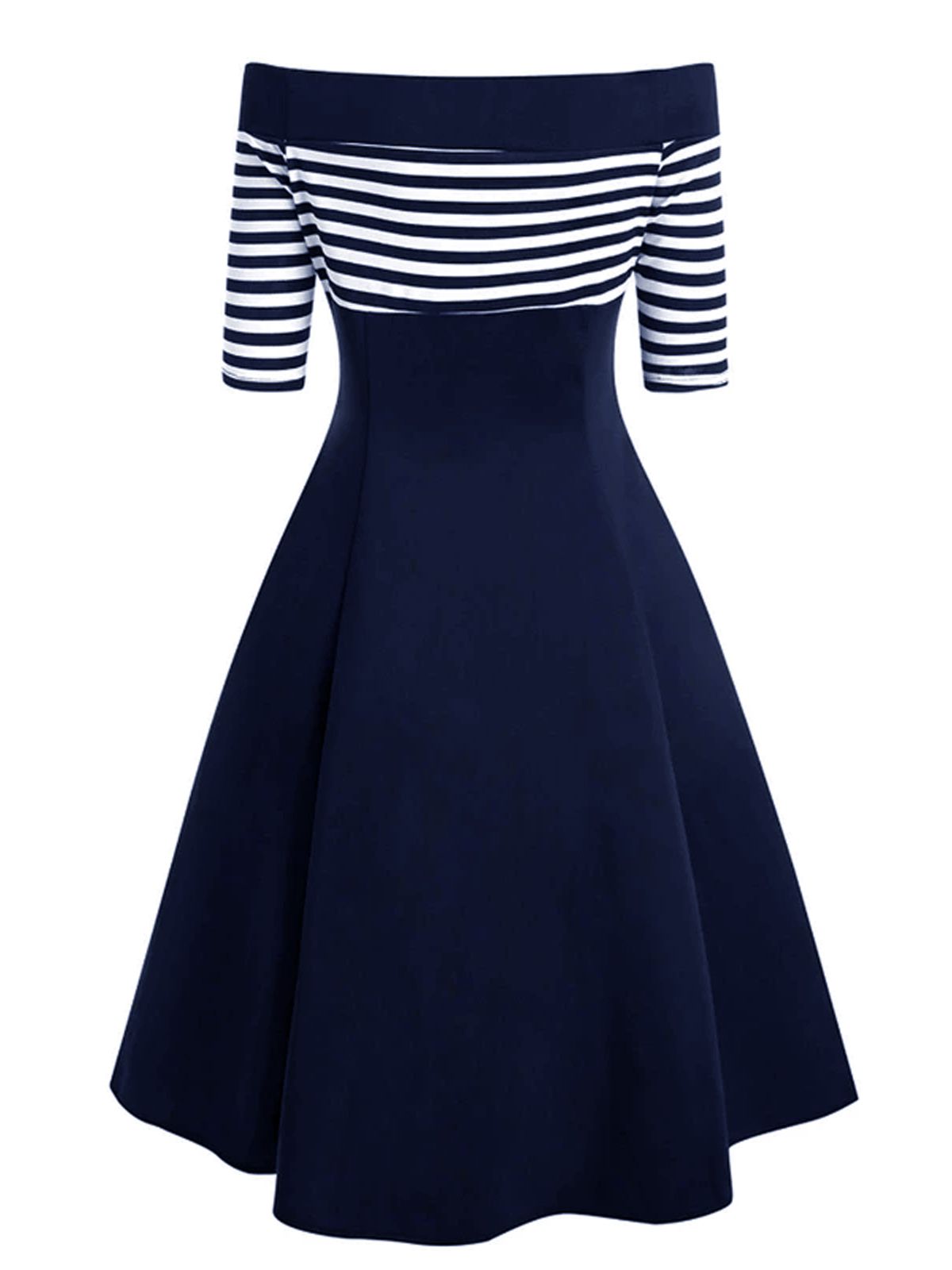 Navy Off Shoulder Swing Dress