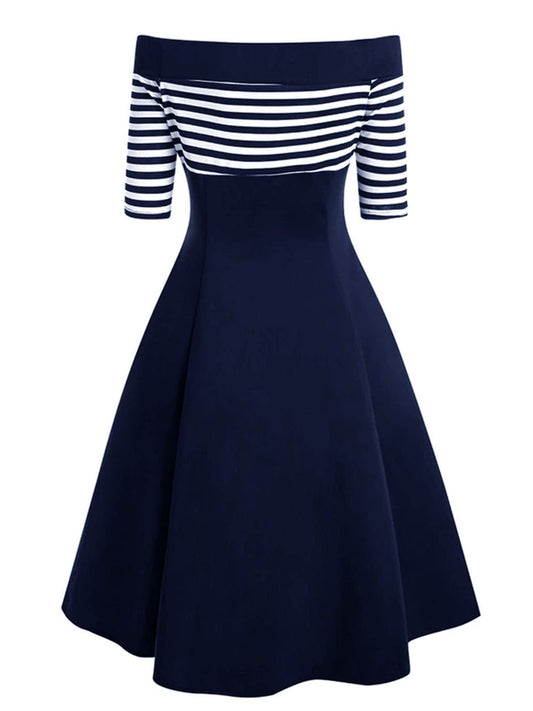 Navy Off Shoulder Swing Dress