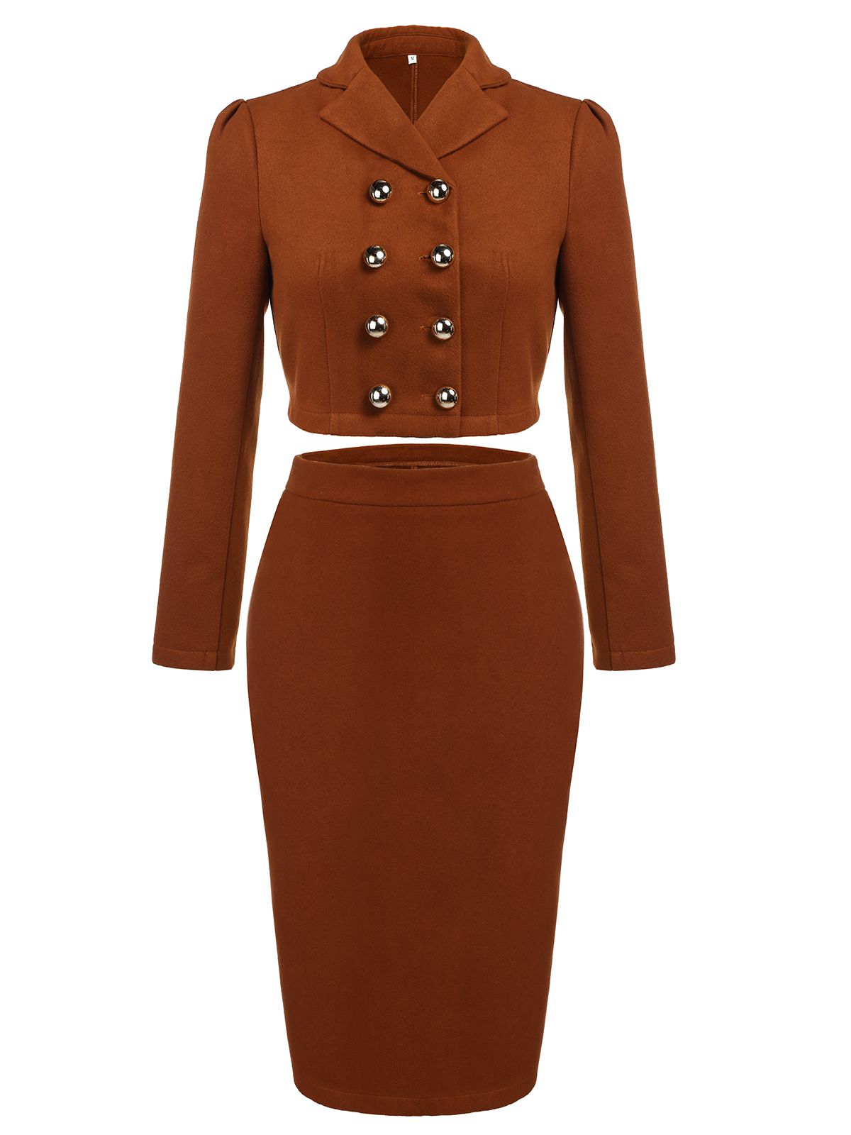 2PCS Brown  Button Top & Pencil Skirt