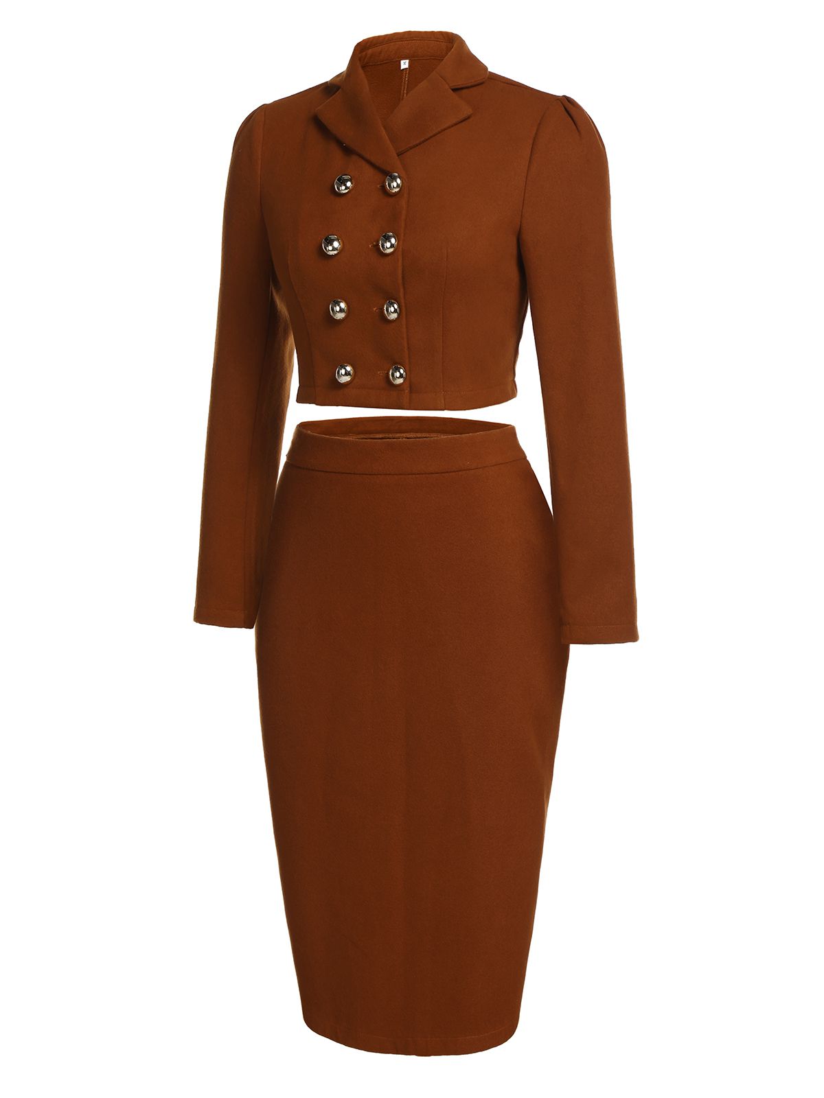 2PCS Brown  Button Top & Pencil Skirt