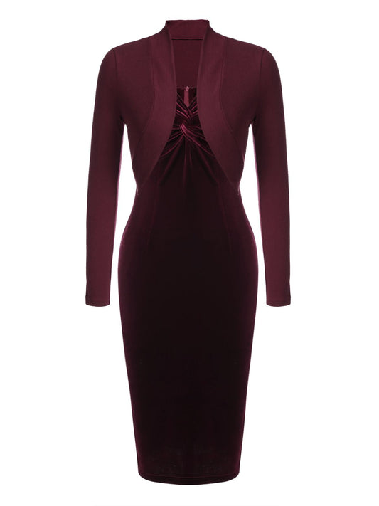 2PCS Wine Red  Velvet Bodycon Dress