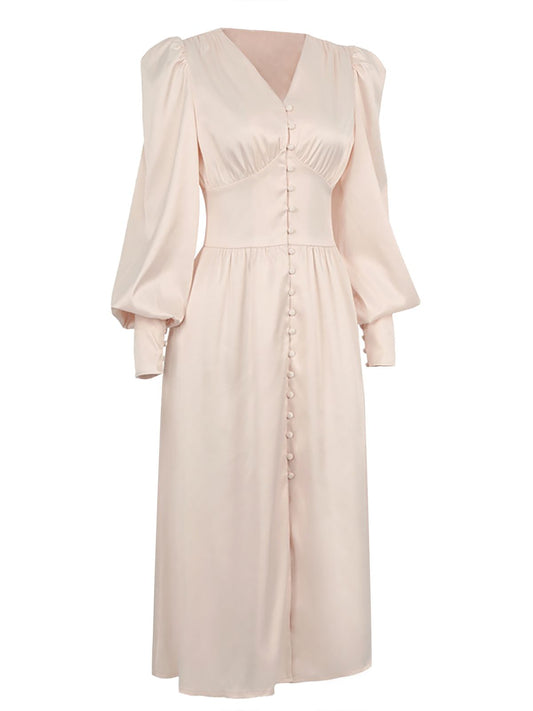 Solid Silk Buttoned Tea Dress