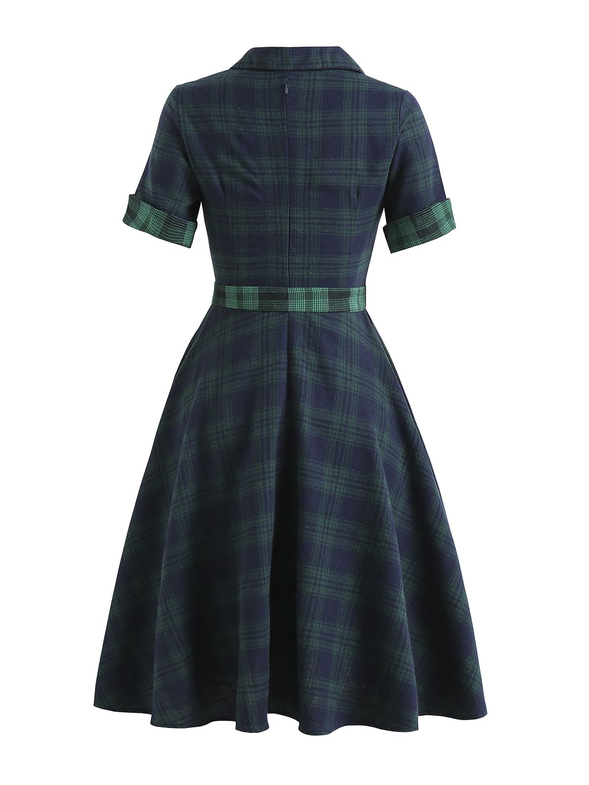 Plaids Buttoned Belted Swing Dress