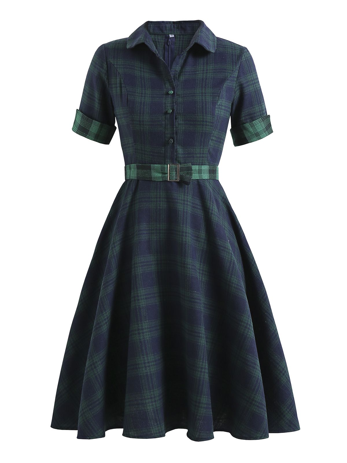 Plaids Buttoned Belted Swing Dress