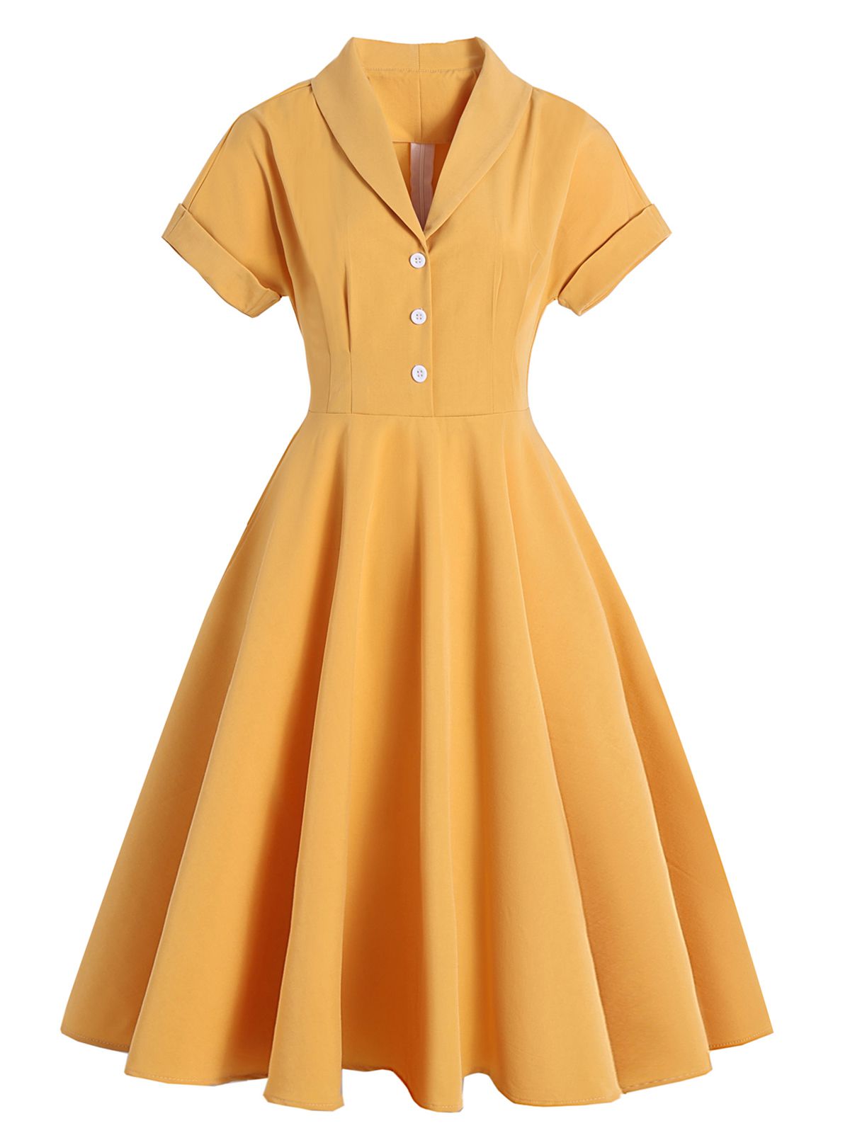 Yellow Solid Buttoned Swing Dress