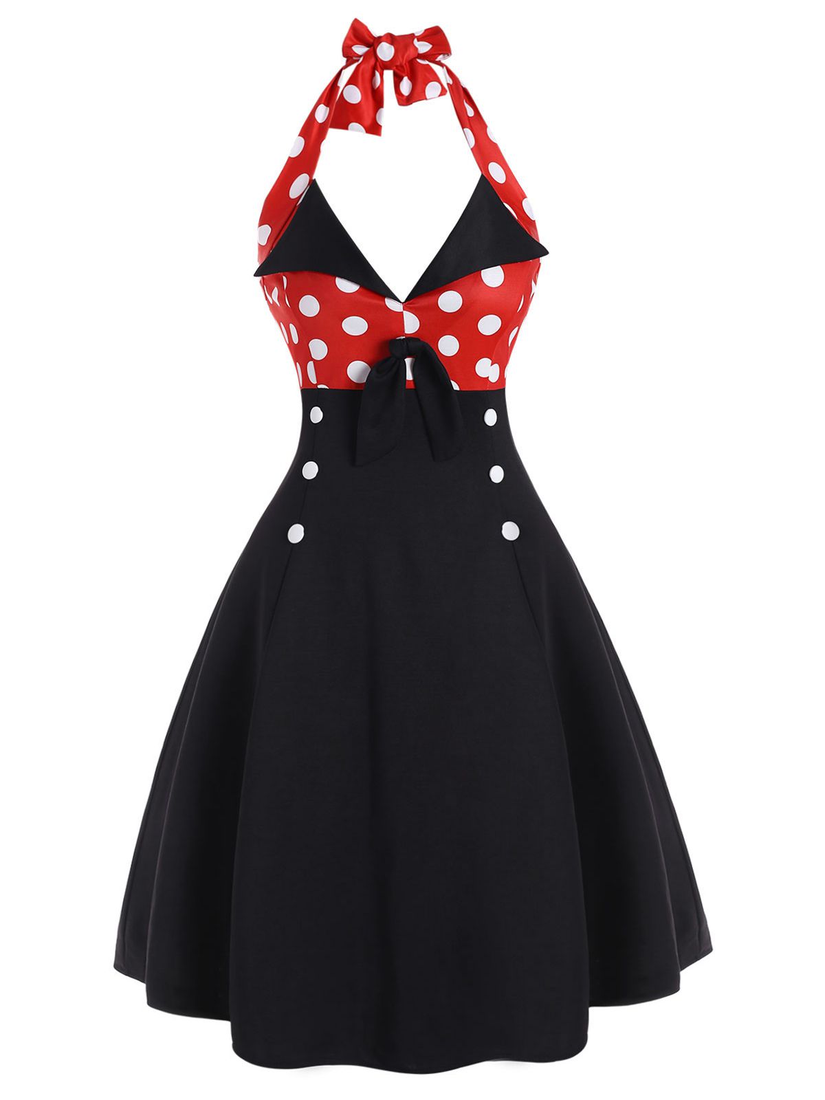 Black Red Halter Dot Swing Dress