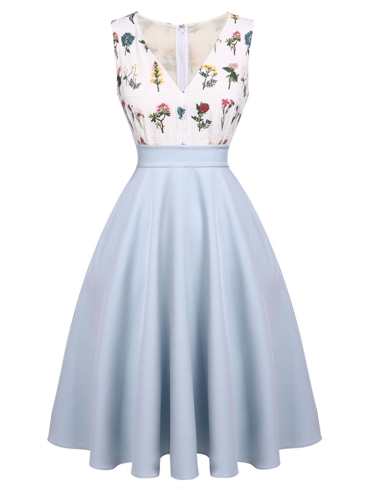 Blue Embroidery Pockets Swing Dress