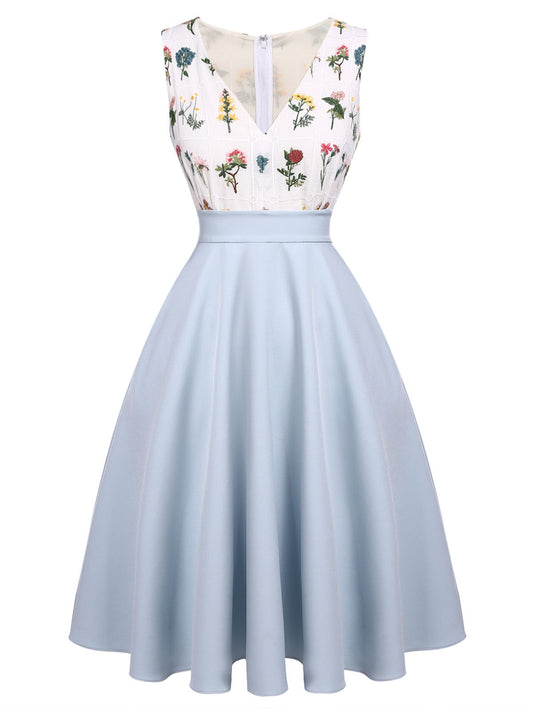 Blue Embroidery Pockets Swing Dress