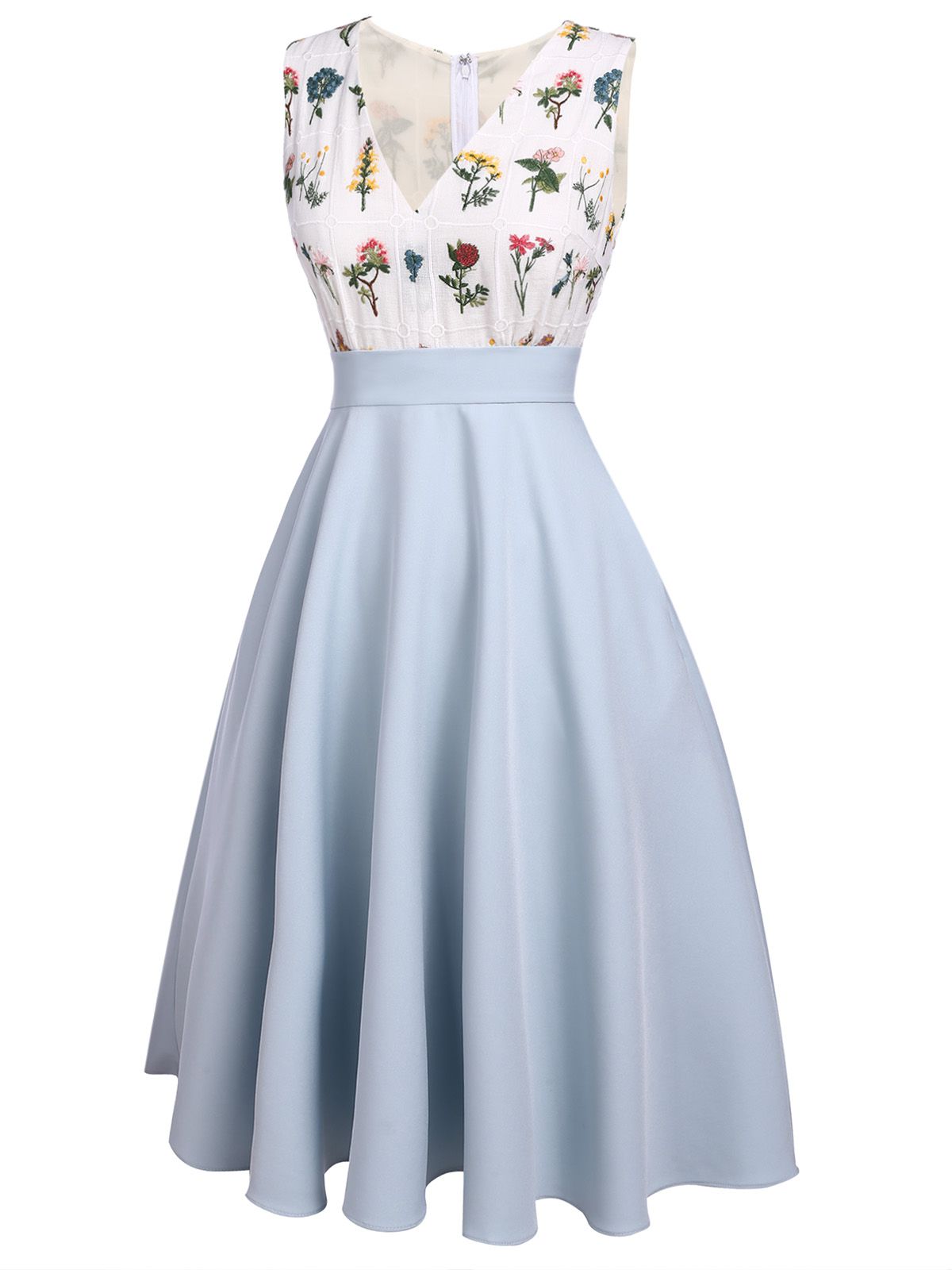 Blue Embroidery Pockets Swing Dress