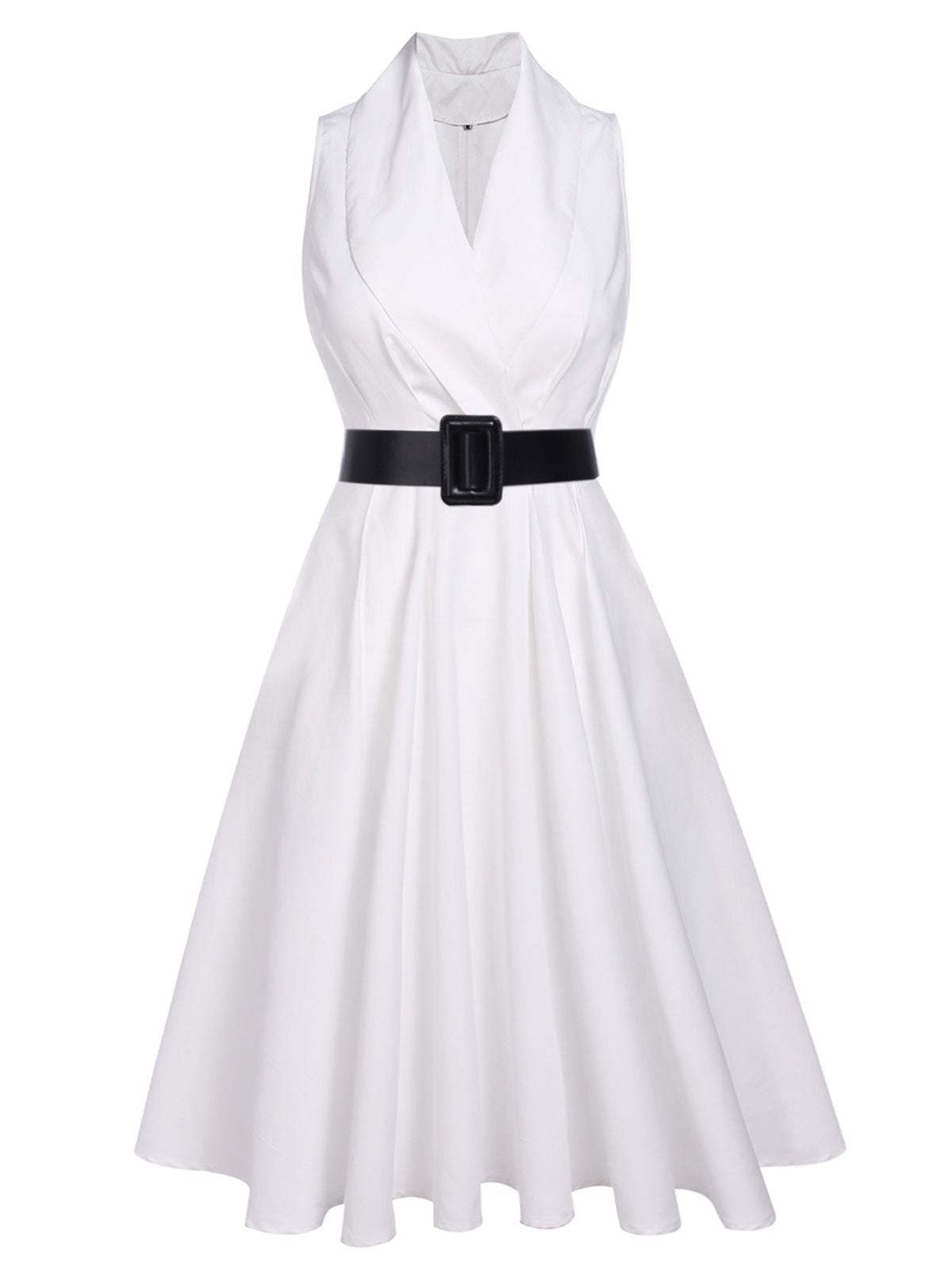 White Halter Belted Swing Dress