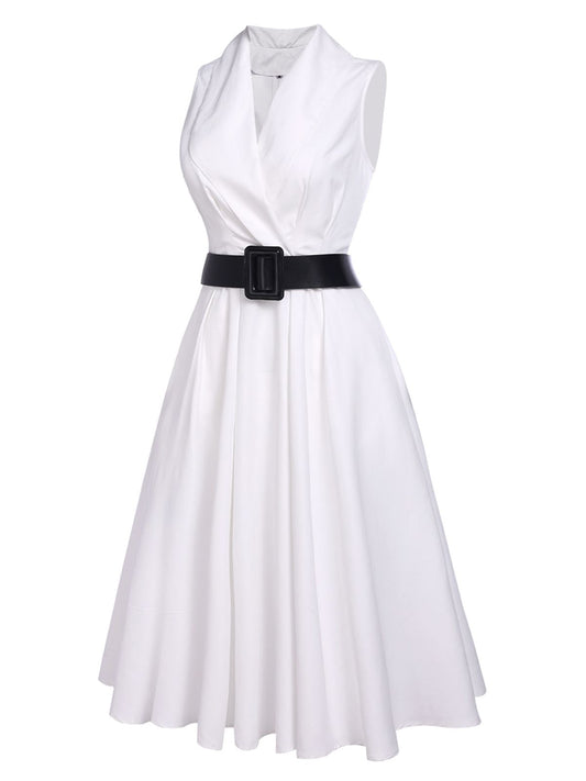 White Halter Belted Swing Dress