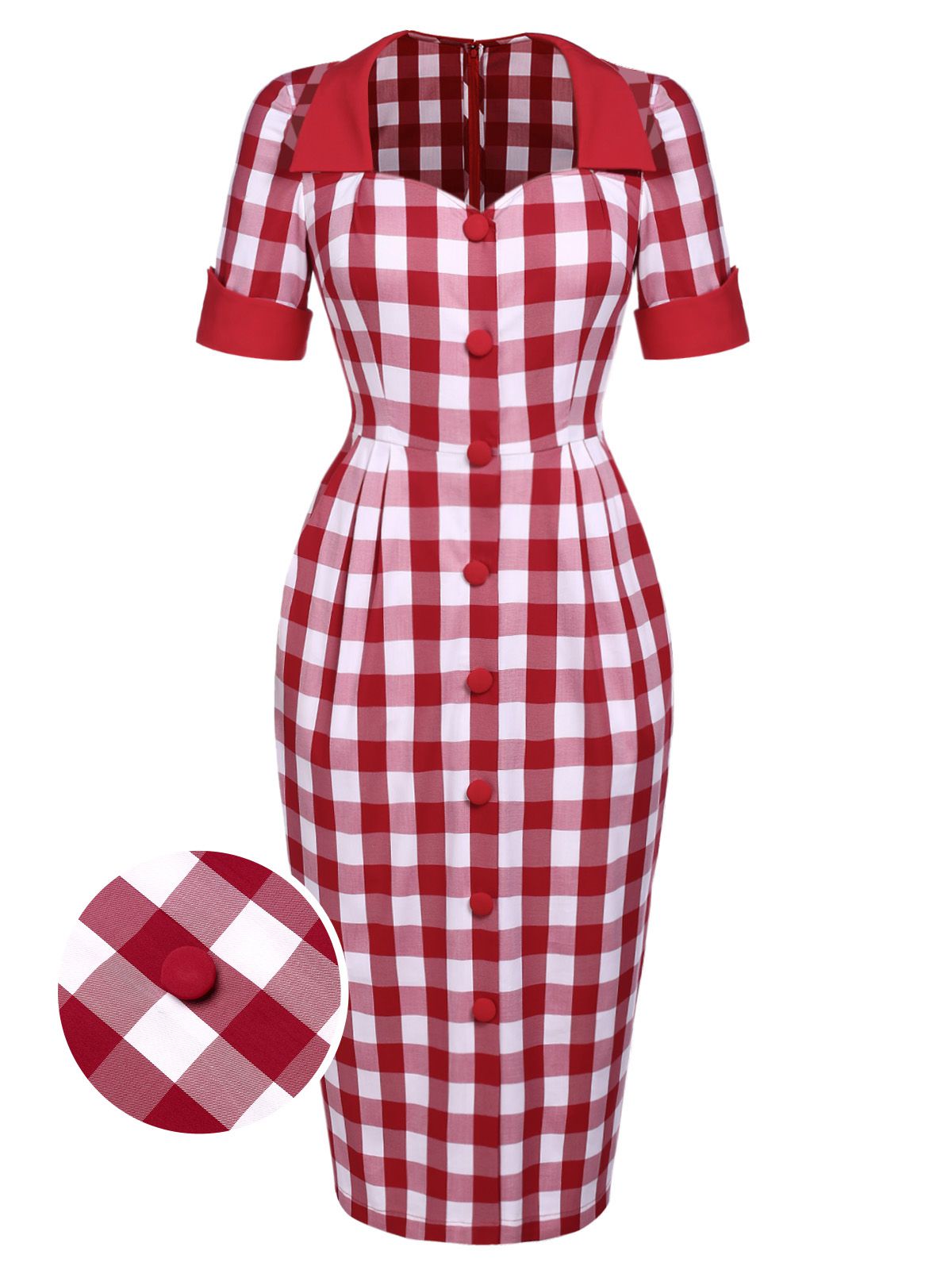 Red  Checked Pockets Pencil Dress