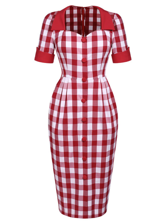 Red  Checked Pockets Pencil Dress