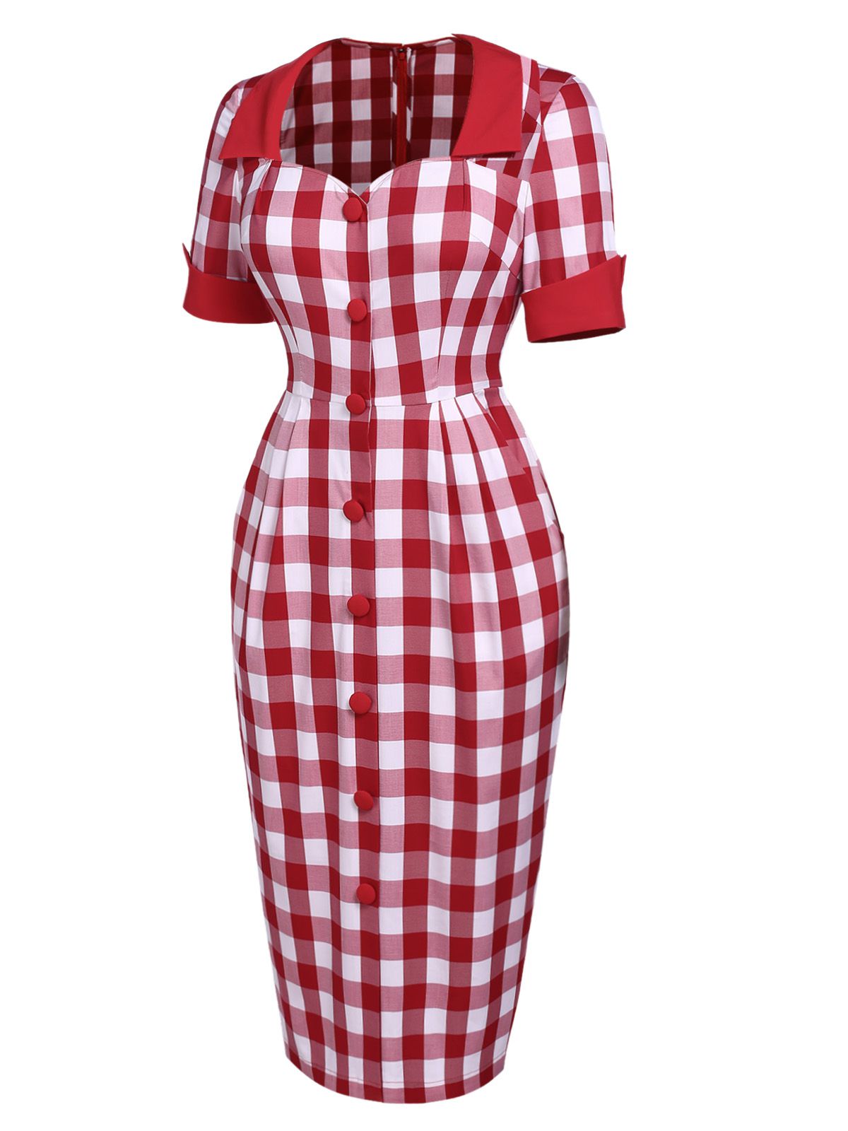 Red  Checked Pockets Pencil Dress