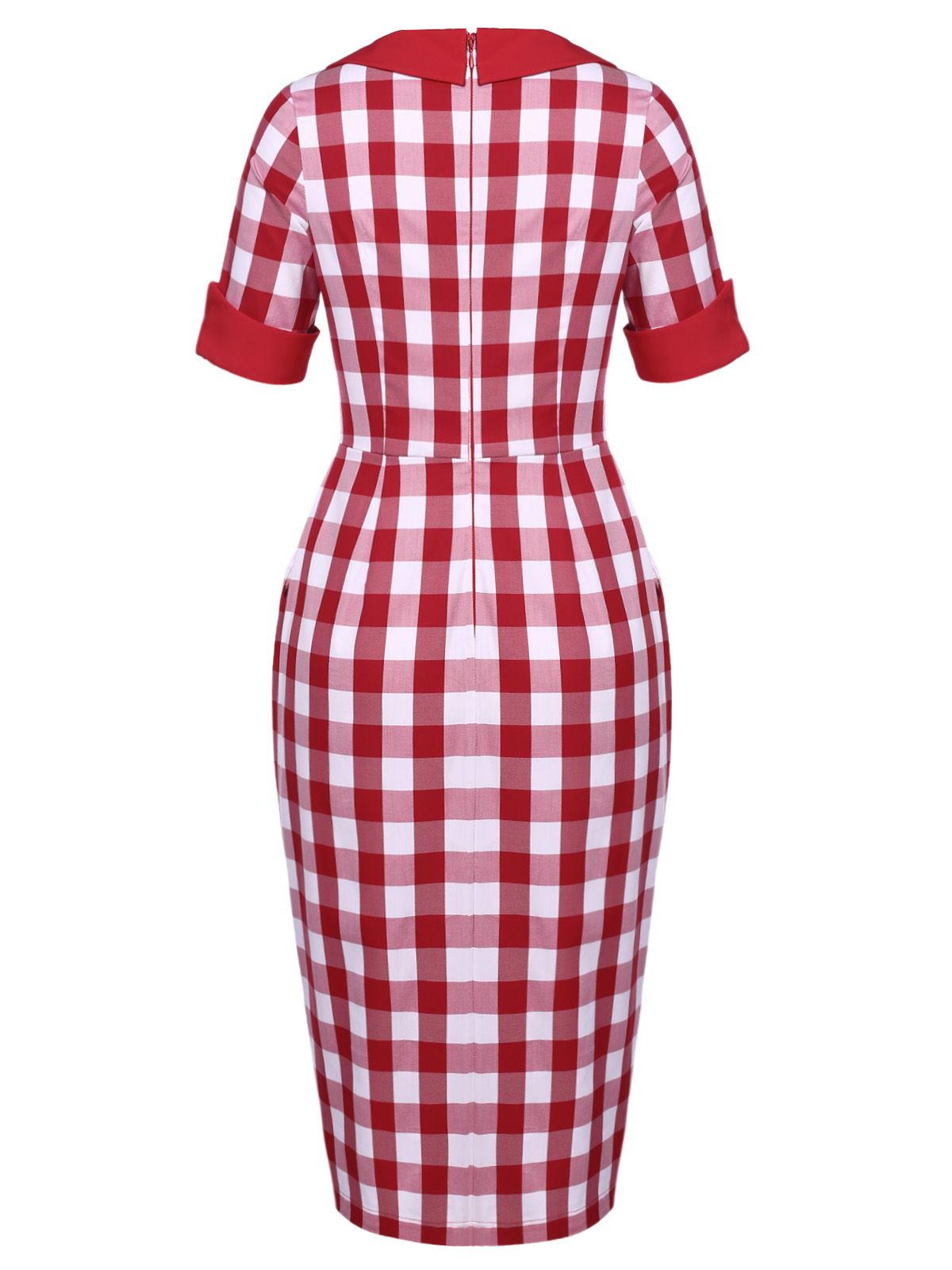 Red  Checked Pockets Pencil Dress