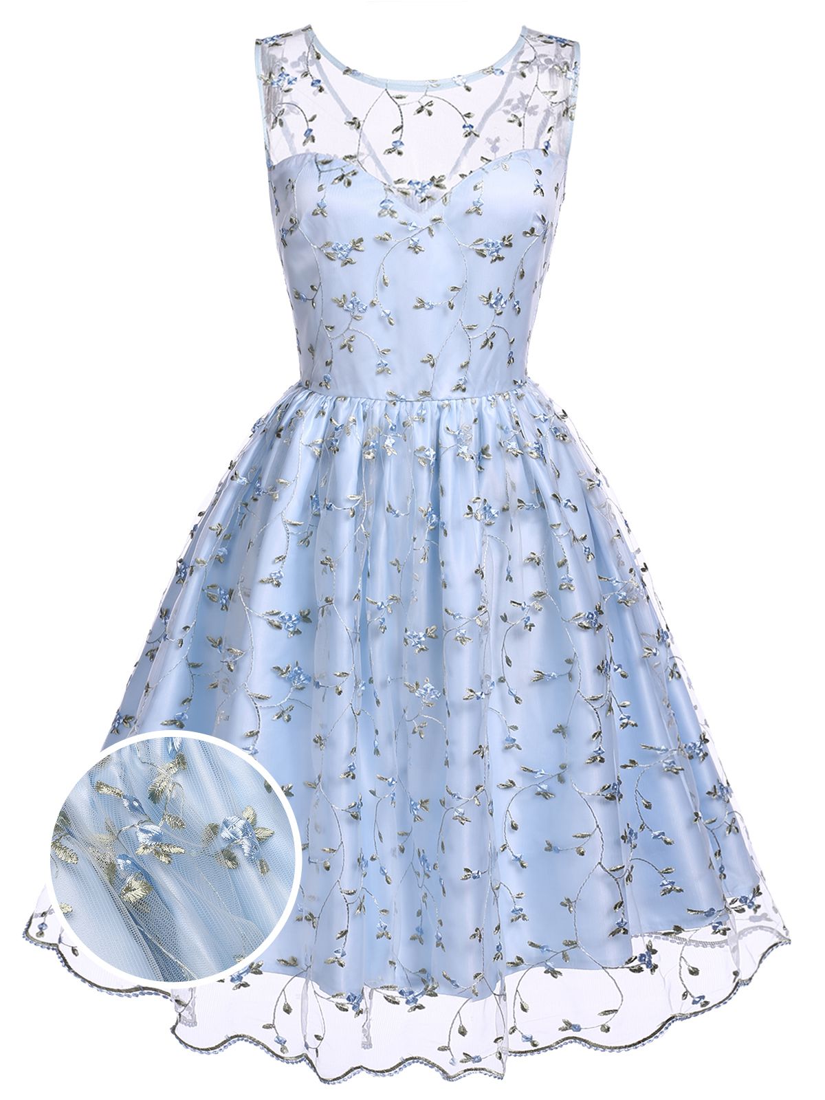 Blue Floral Embroidery Lace Dress